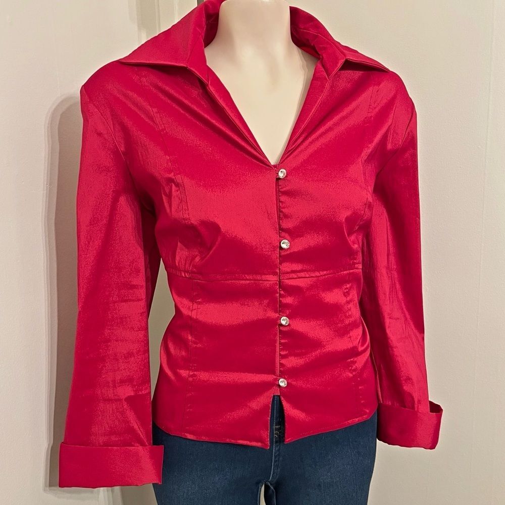 Vintage Cachet Red Satin Button Up Blouse Faux Diamond Career Y2K Top